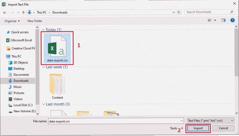Giao diện Text Import Wizard của Excel khi mở file CSV