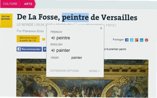 Giao diện tiện ích Google Translate trên thanh công cụ Chrome