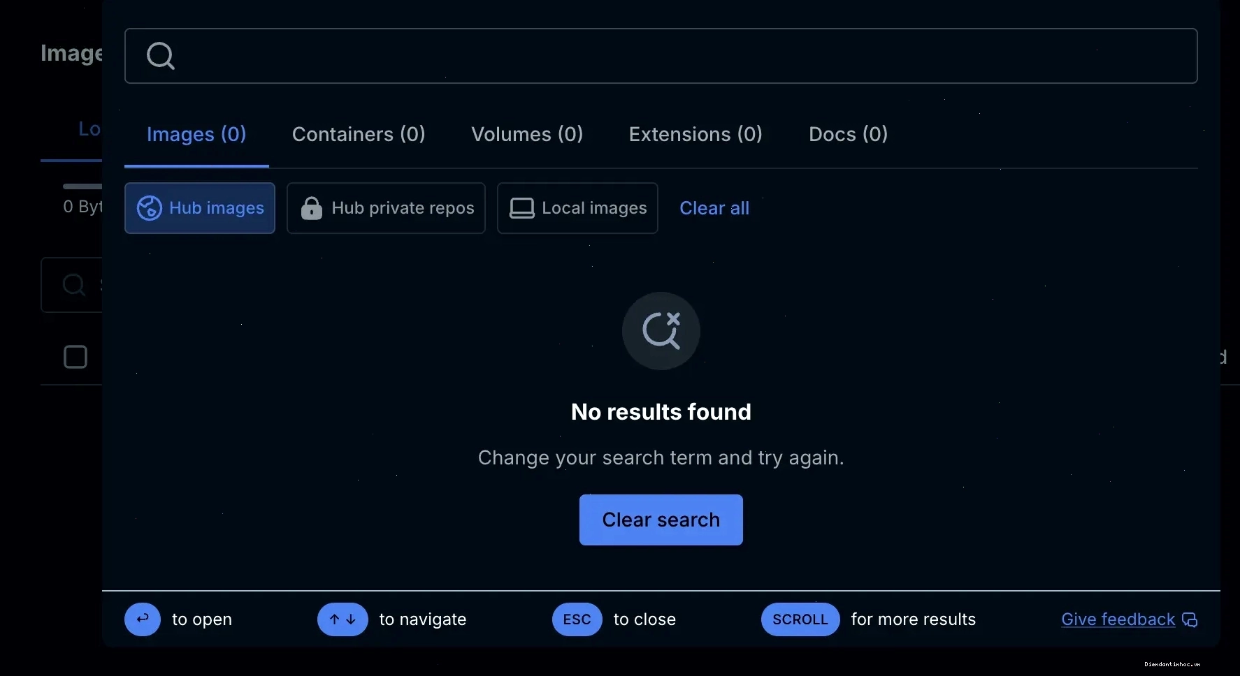 Giao diện tìm kiếm image trên Docker Desktop