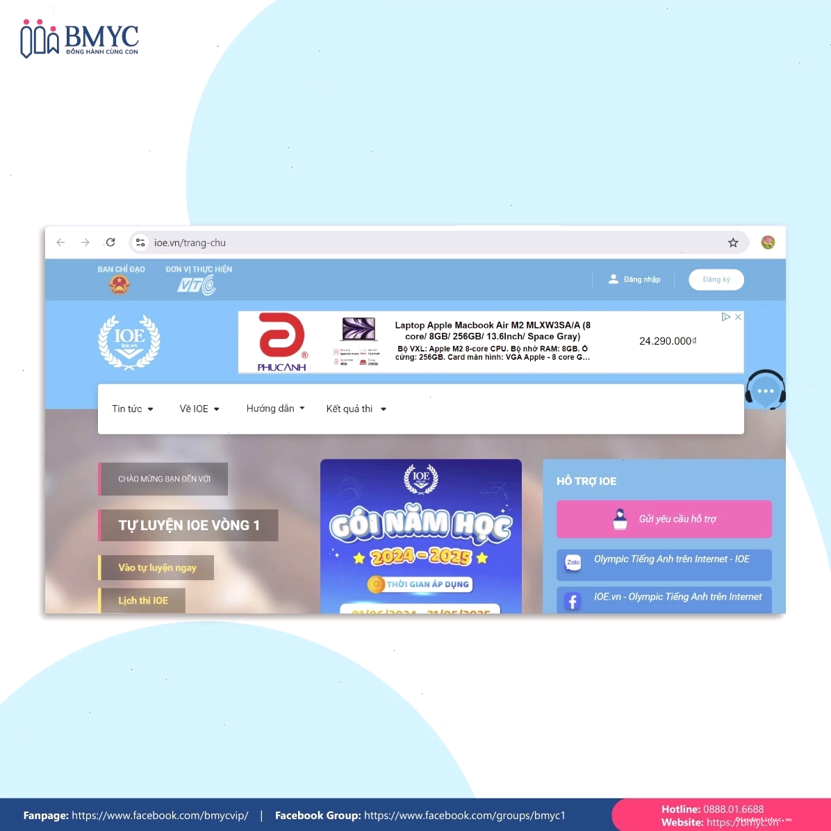 Giao diện trang chủ IOE nơi học sinh tạo tài khoản và bắt đầu luyện thi