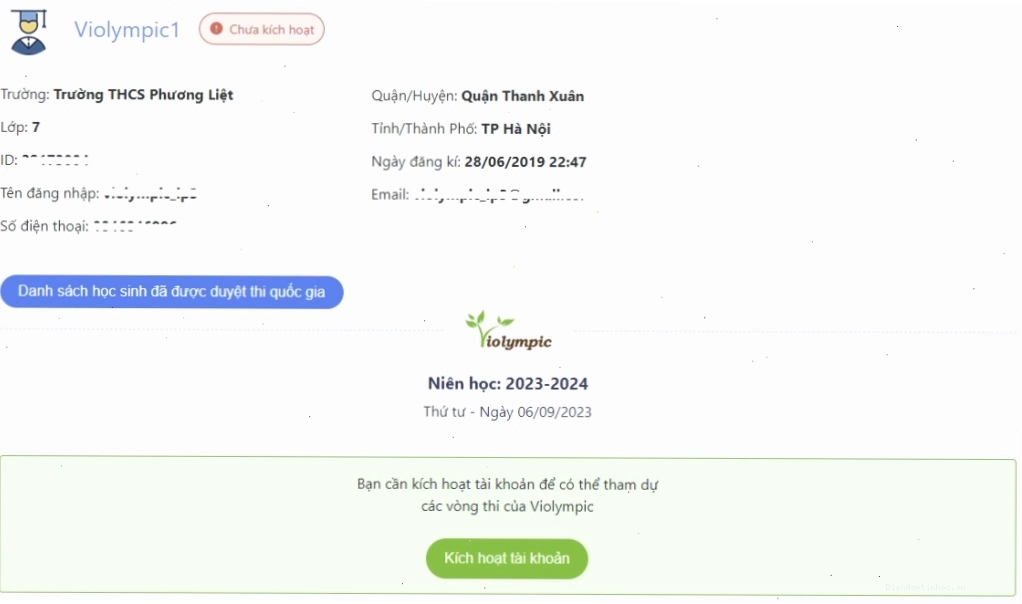 Giao diện trang học tập trên Violympic với các môn học và bài tập