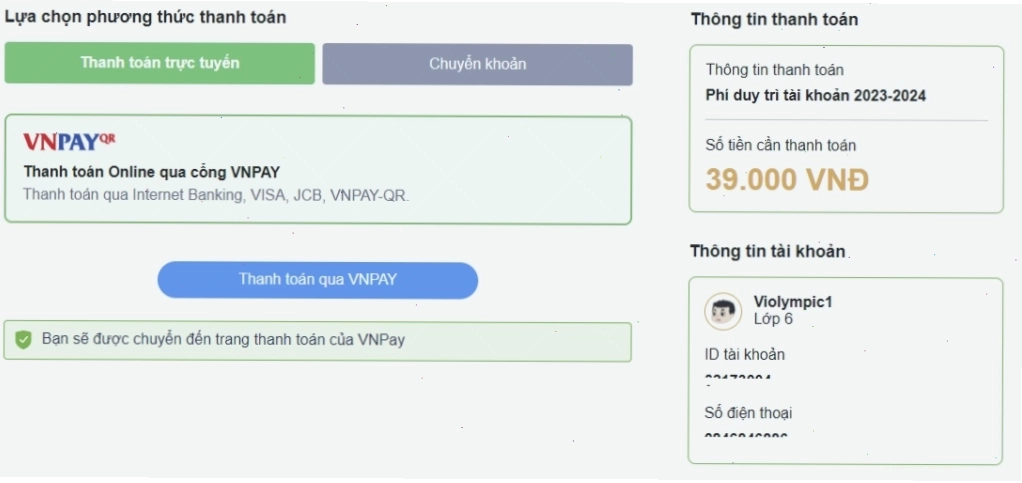 Giao diện trang quên mật khẩu trên violympic.vn