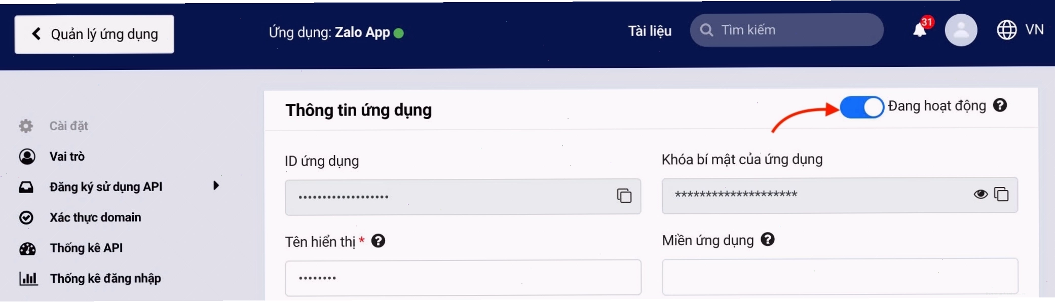 Giao diện trang Zalo Developer để tạo và quản lý ứng dụng