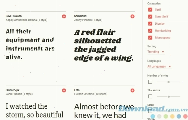 Giao diện trực quan của Google Fonts hiển thị nhiều bộ font chữ đẹp mắt