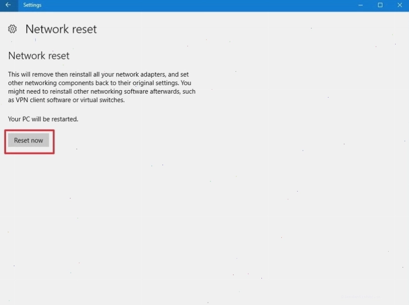 Giao diện tùy chọn Đặt lại mạng trong Windows Settings