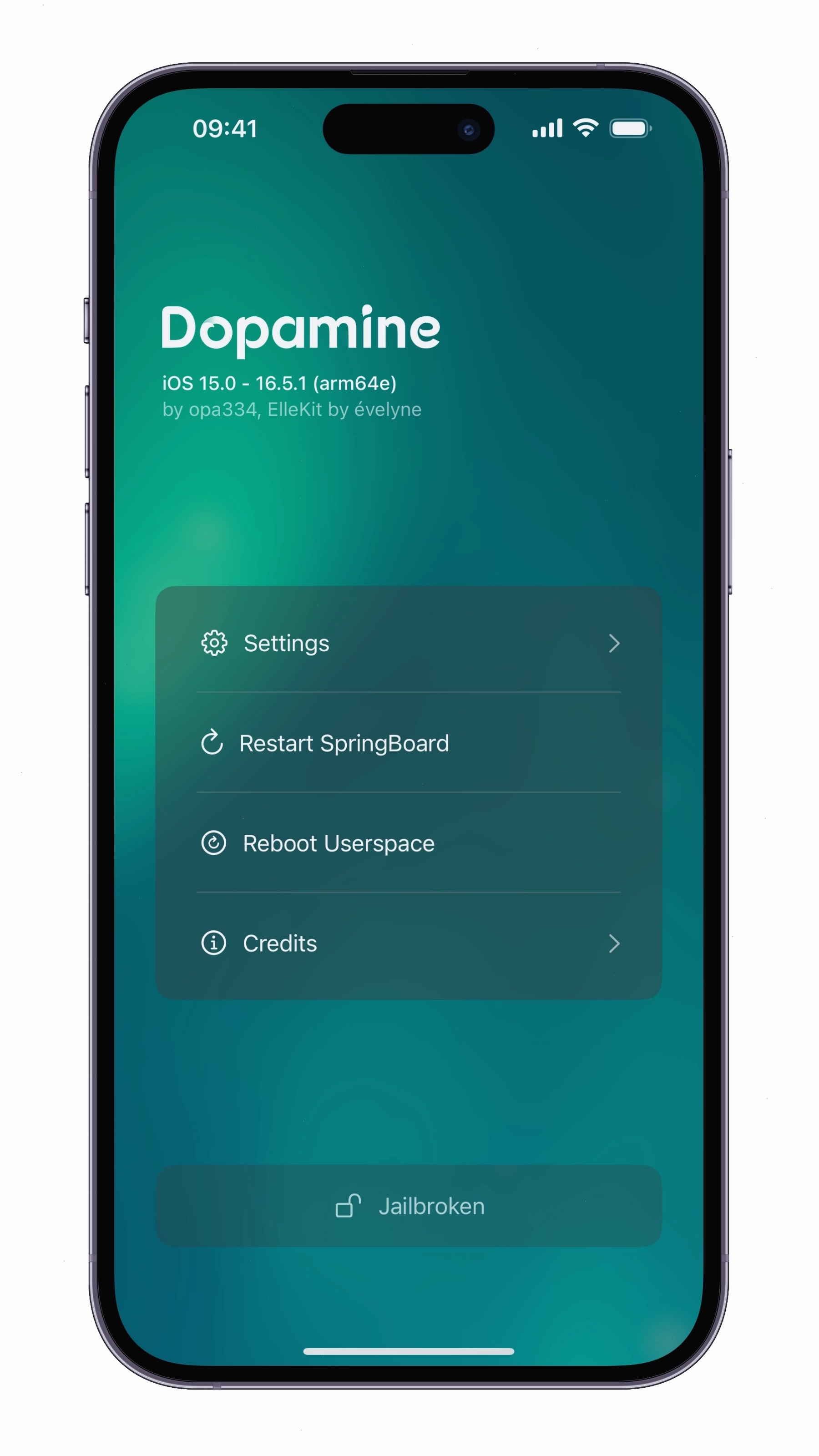 Giao diện ứng dụng Dopamine hiển thị các tùy chọn jailbreak