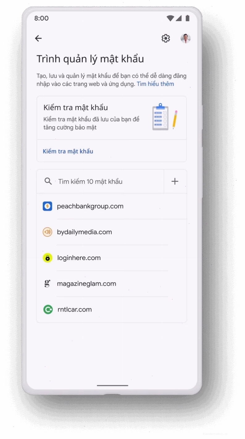 Giao diện ứng dụng Google Password Manager trên Android