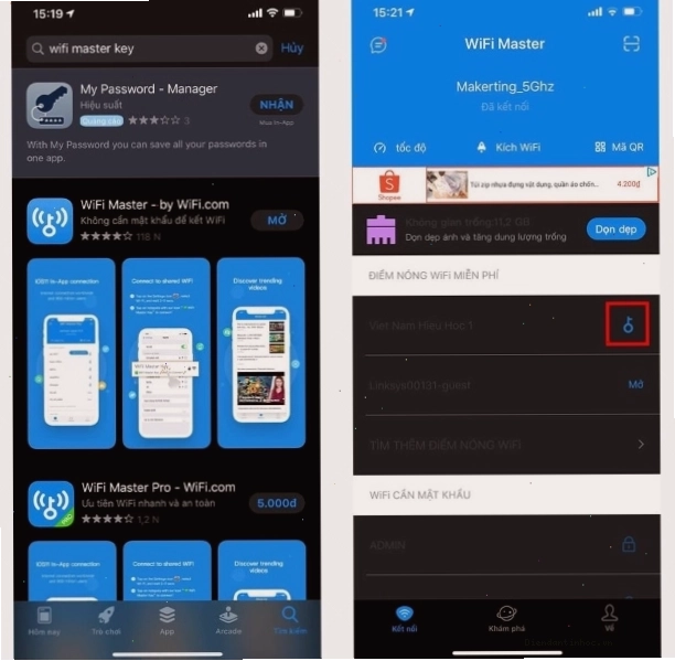 Giao diện ứng dụng Wifi Master Key giúp dò tìm mật khẩu Wifi trên iPhone