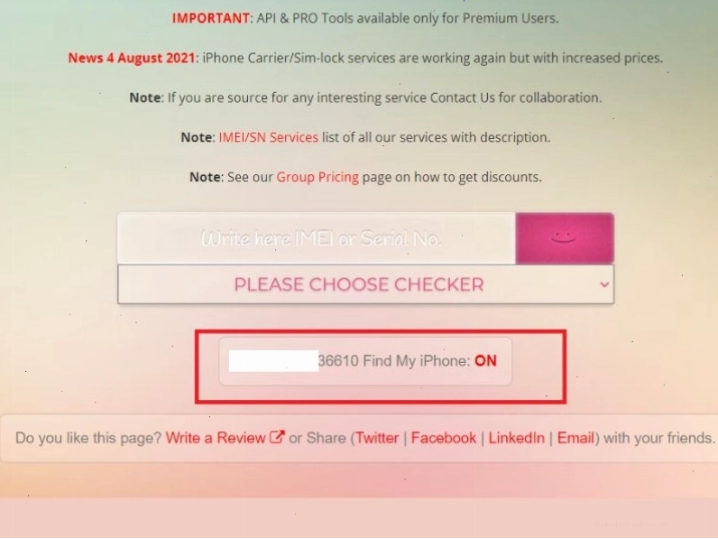 Giao diện website Sickw kiểm tra iCloud ẩn