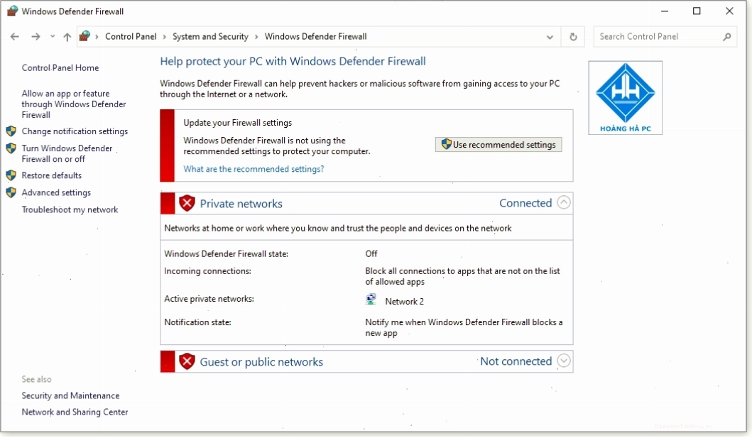 Giao diện Windows Defender Firewall sau khi tắt