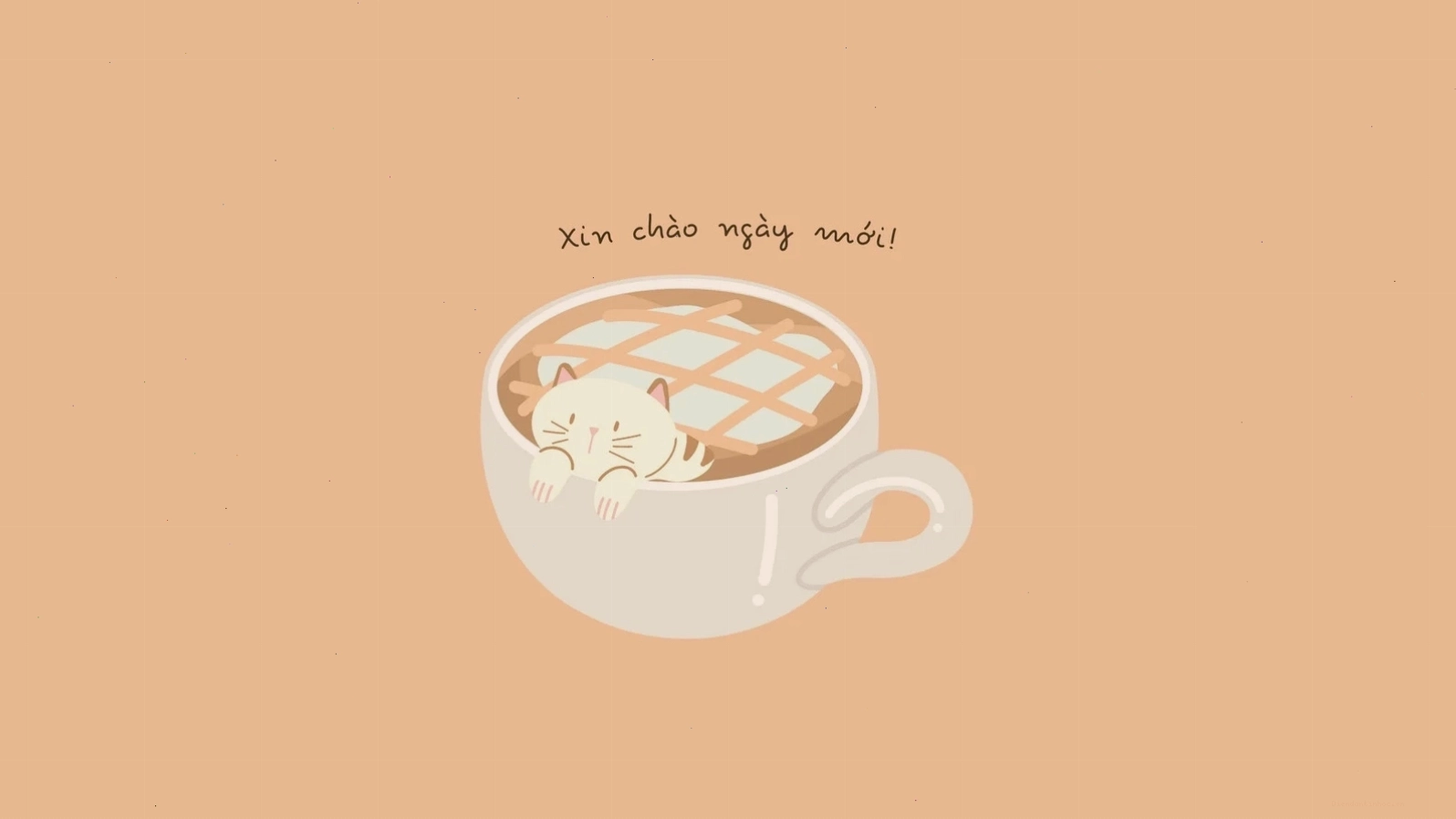 Hình nền máy tính đơn giản với hình ảnh con mèo và cốc cà phê ấm áp