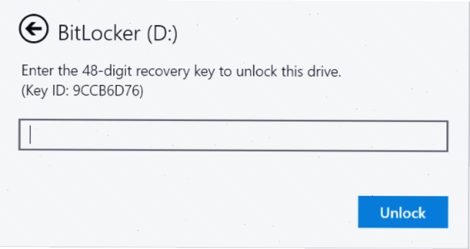 Hộp thoại nhập Bitlocker recovery key khi hệ thống yêu cầu xác thực