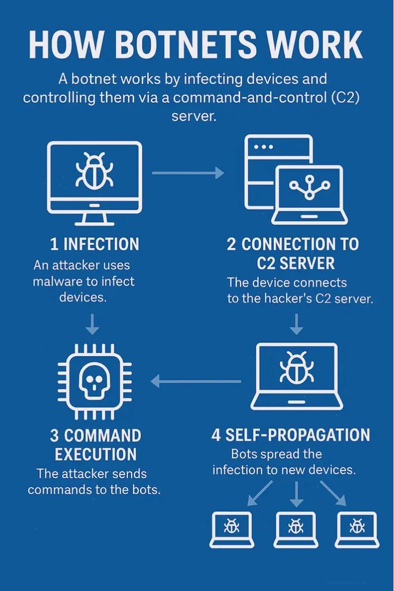 Infographic mô tả cách botnet lây nhiễm và kiểm soát thiết bị qua máy chủ C&C
