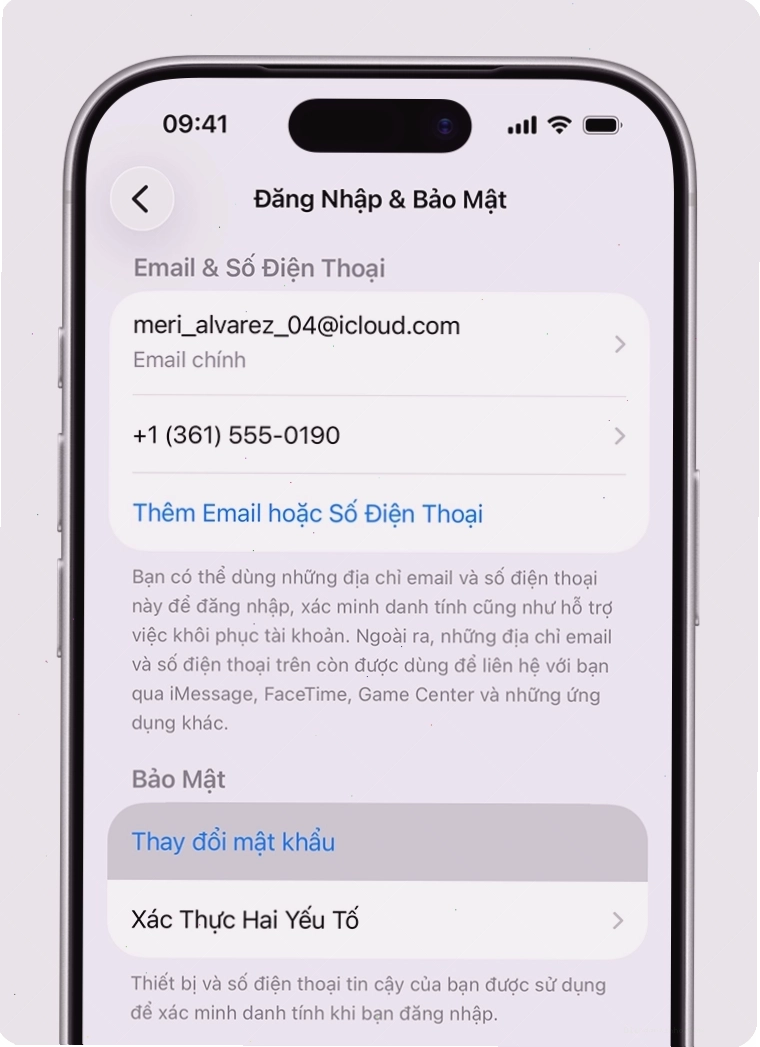 iPhone hiển thị tùy chọn thay đổi mật khẩu trong cài đặt Tài khoản Apple