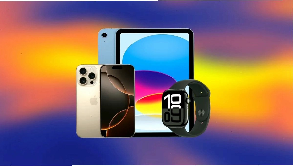 iPhone, iPad và Apple Watch được đặt cạnh nhau trên nền màu xanh và cam trừu tượng