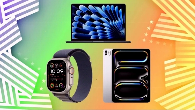 iPhone, iPad và Apple Watch Ultra được sắp xếp theo hình tam giác trên nền vàng xanh