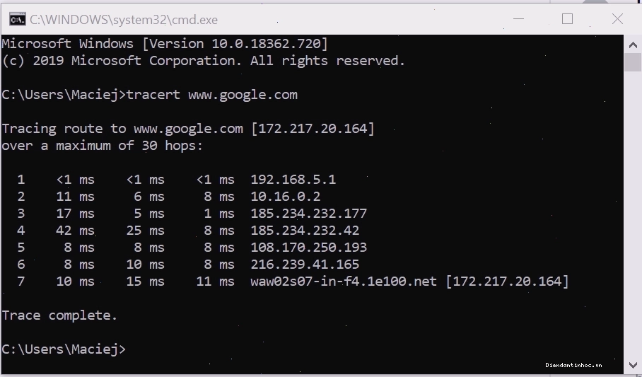 Kết quả lệnh tracert đến www.google.com