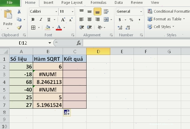 Kết quả tính căn bậc hai của các số dương bằng hàm SQRT