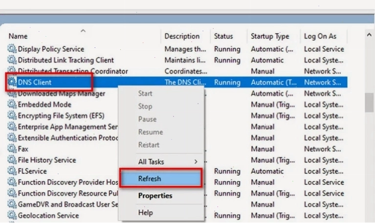 Khởi động lại dịch vụ DNS Client trên Windows