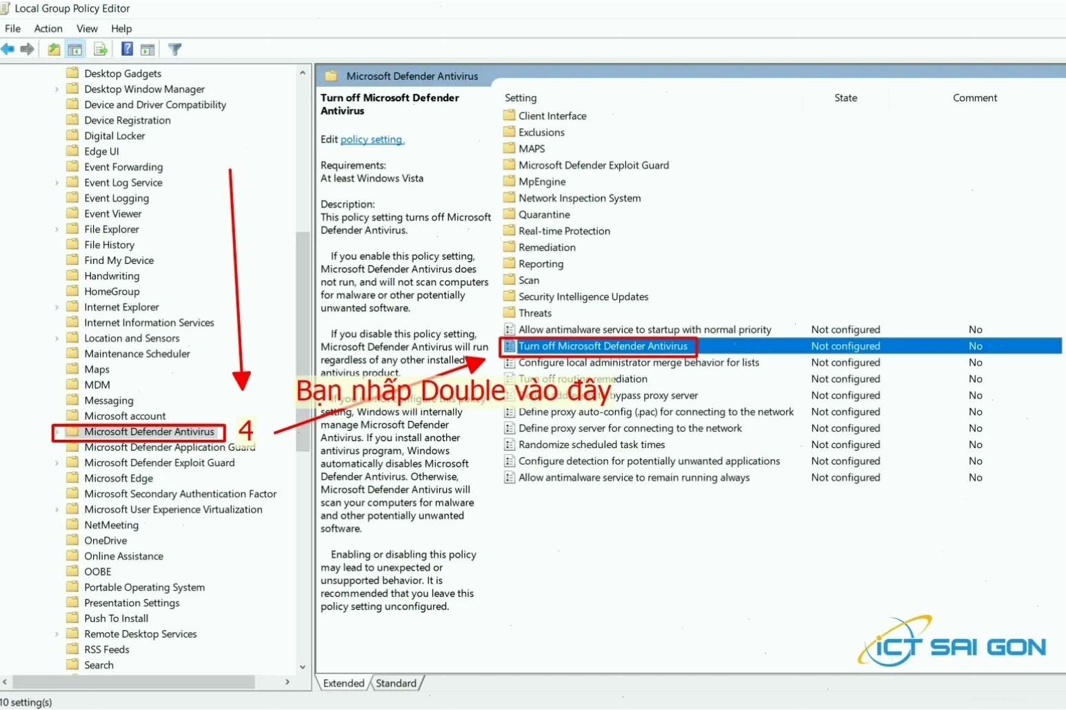Kích hoạt tùy chọn tắt Windows Defender Antivirus