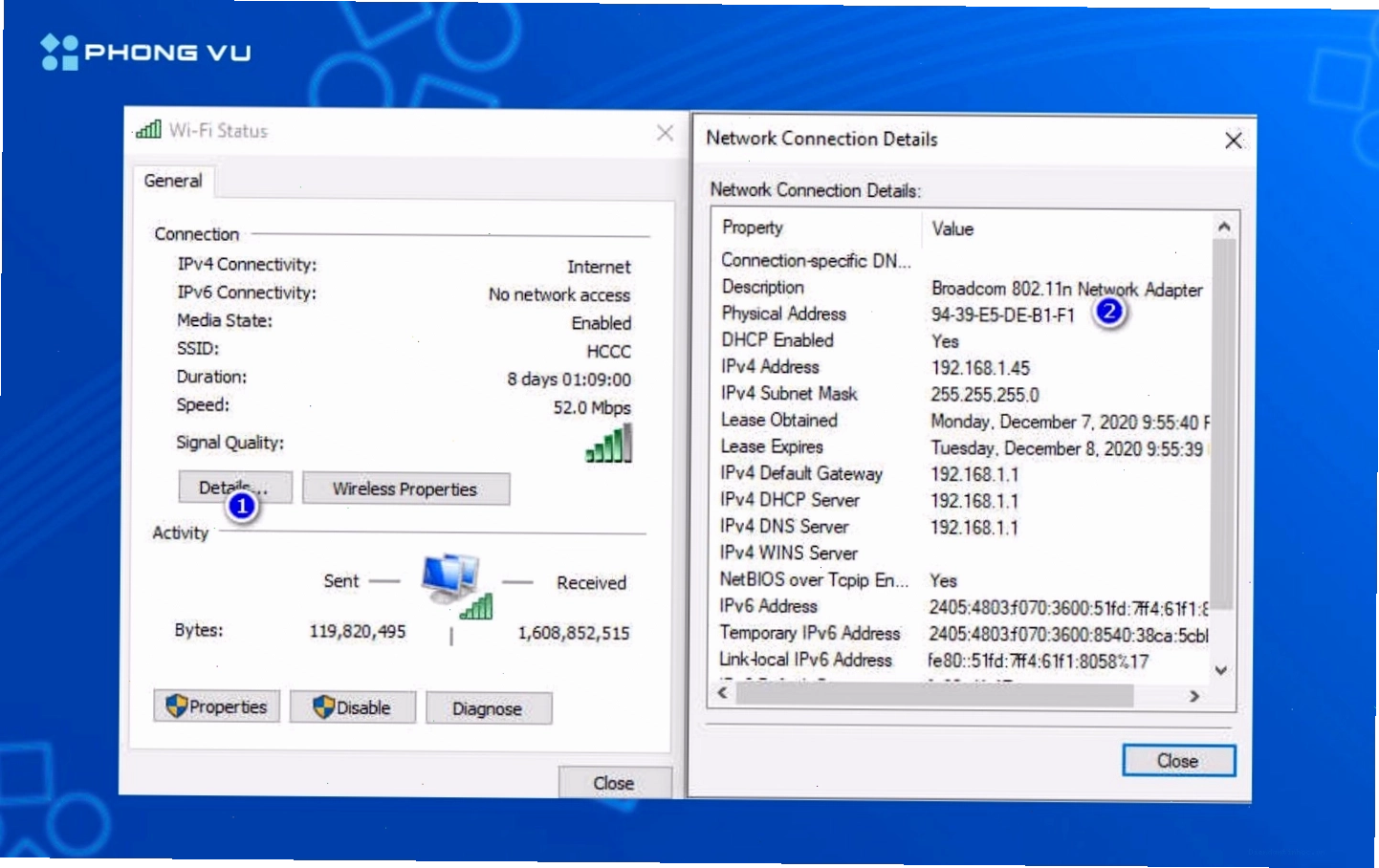 Kiểm tra địa chỉ MAC thông qua mục Status và Details trong Control Panel