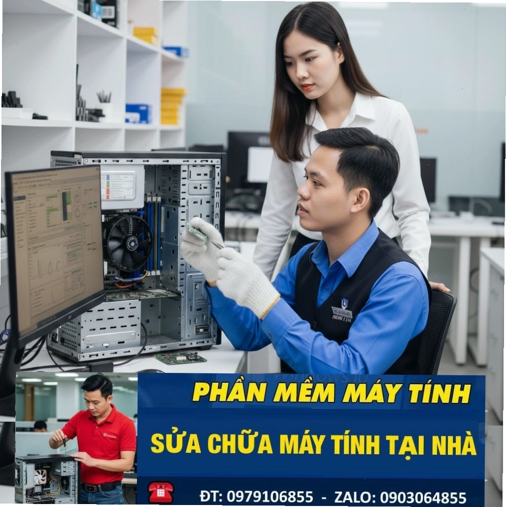 Kỹ thuật viên đang sửa chữa máy tính tại nhà khách hàng ở Gò Vấp
