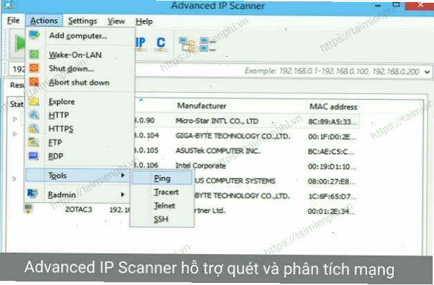 Màn hình hiển thị kết quả quét IP chi tiết