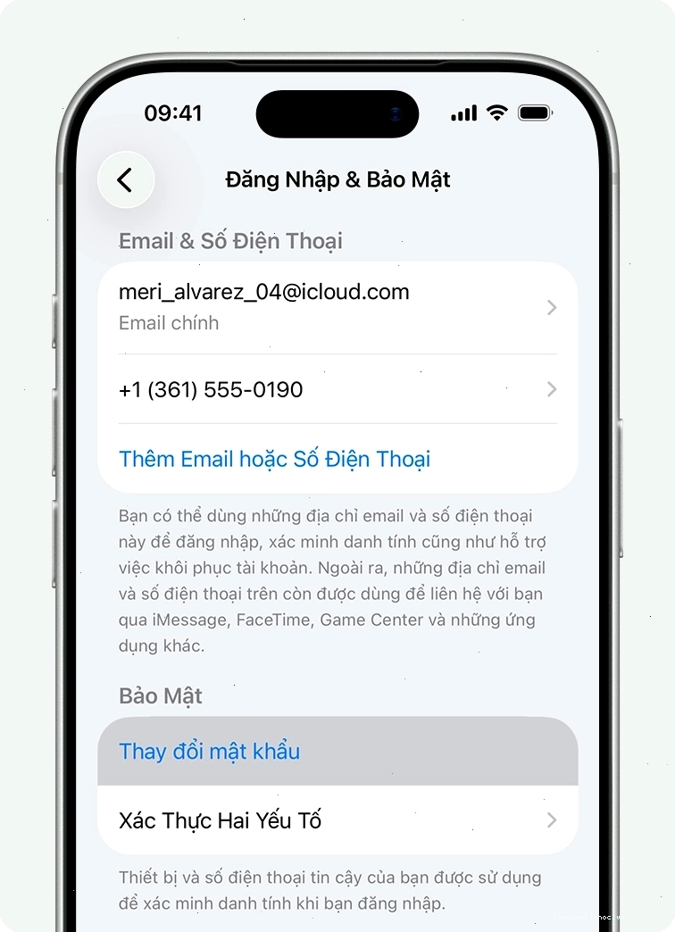 Màn hình iPhone hiển thị nút Thay đổi mật khẩu trong Cài đặt tài khoản Apple