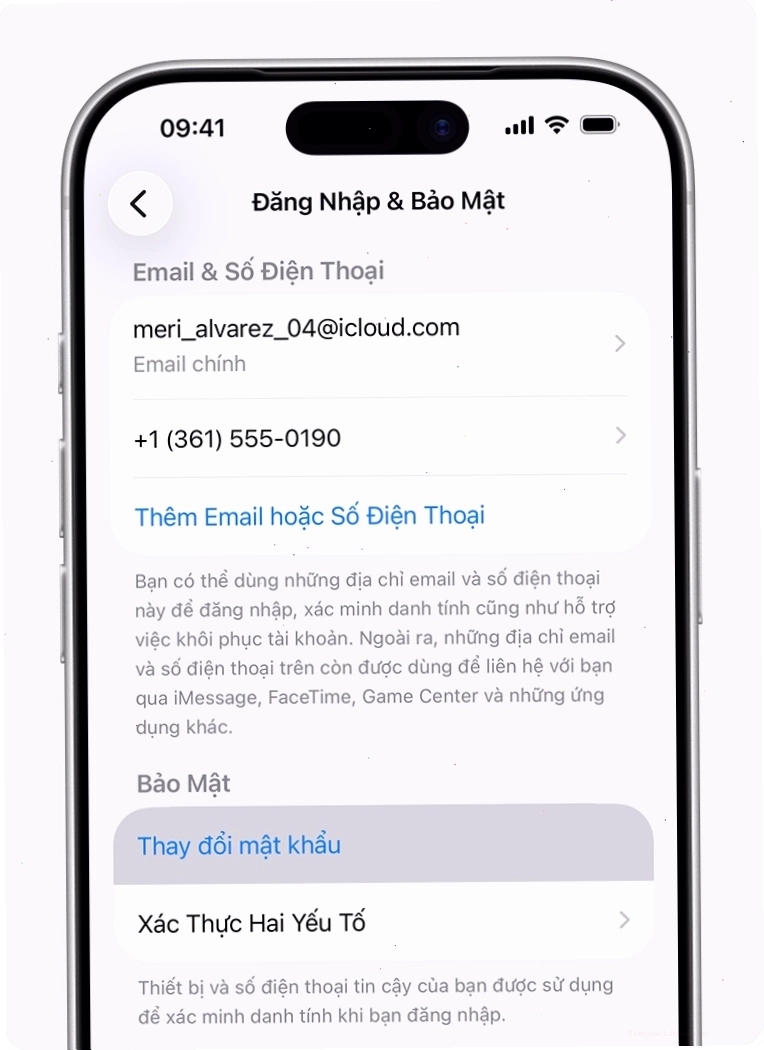 Màn hình iPhone hiển thị nút Thay đổi mật khẩu trong phần Cài đặt tài khoản Apple