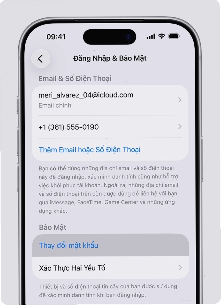 Màn hình iPhone hiển thị tùy chọn Thay đổi mật khẩu trong phần Cài đặt Tài khoản Apple