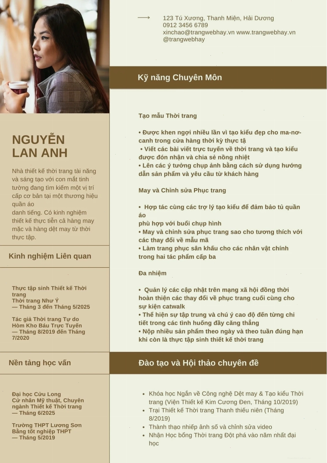 Mẫu CV phong cách đơn giản với màu be và nâu, phù hợp cho người mới bắt đầu