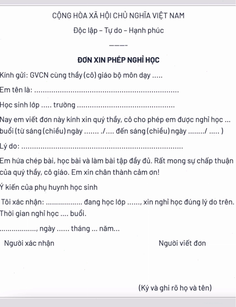Mẫu đơn xin nghỉ học dành cho học sinh tiểu học, THCS, THPT