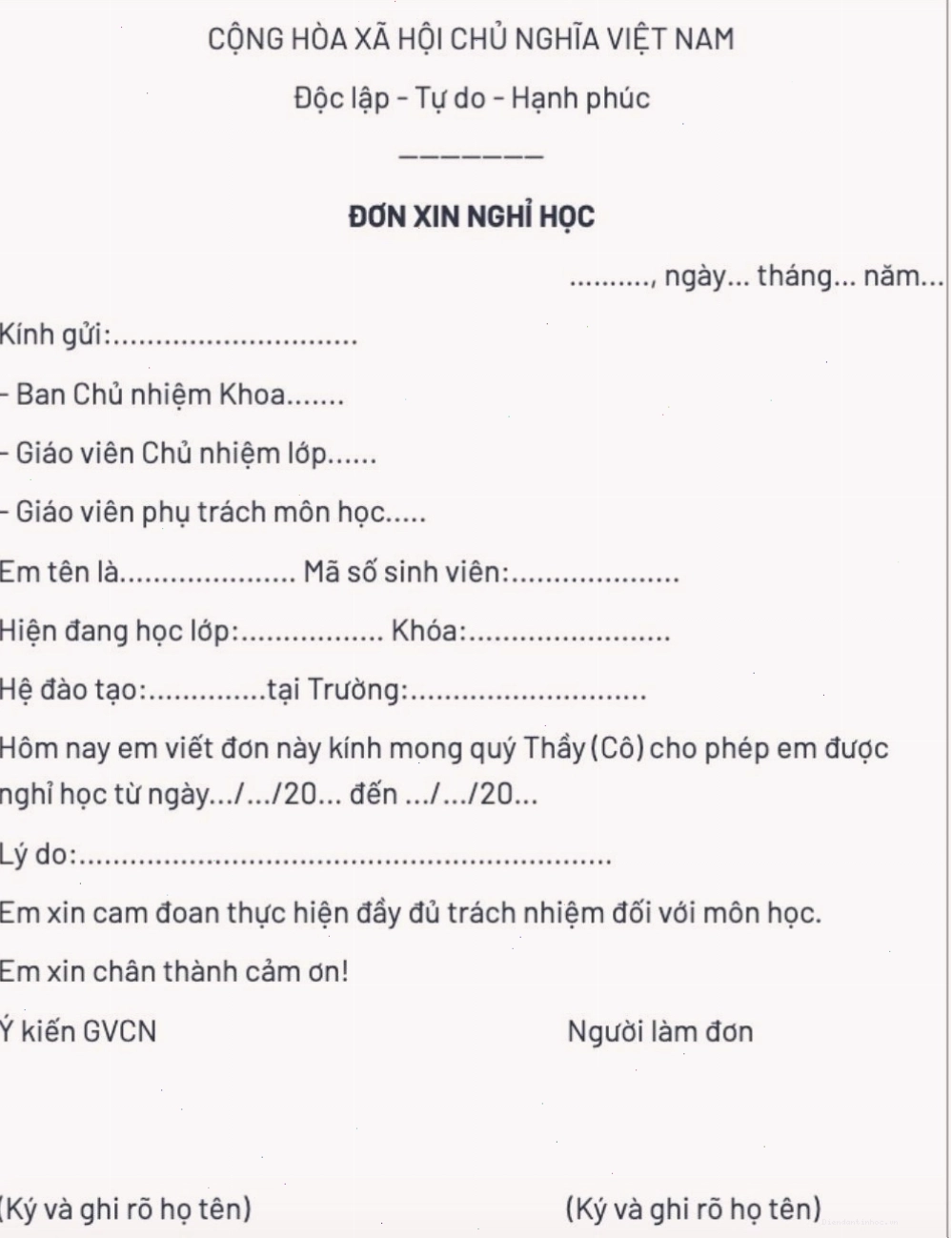 Mẫu đơn xin nghỉ học dành cho sinh viên đại học, cao đẳng