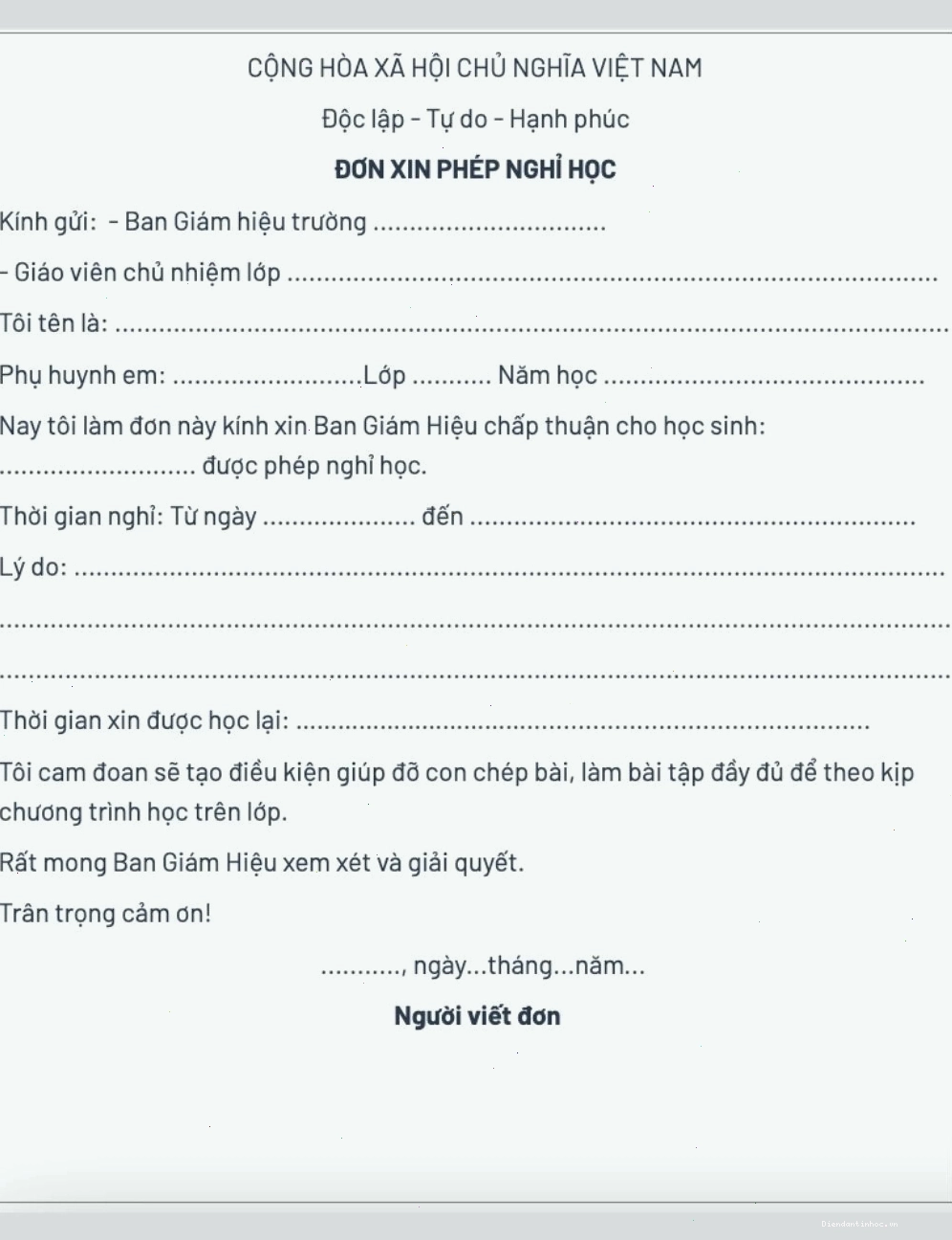 Mẫu đơn xin nghỉ học do phụ huynh viết thay con