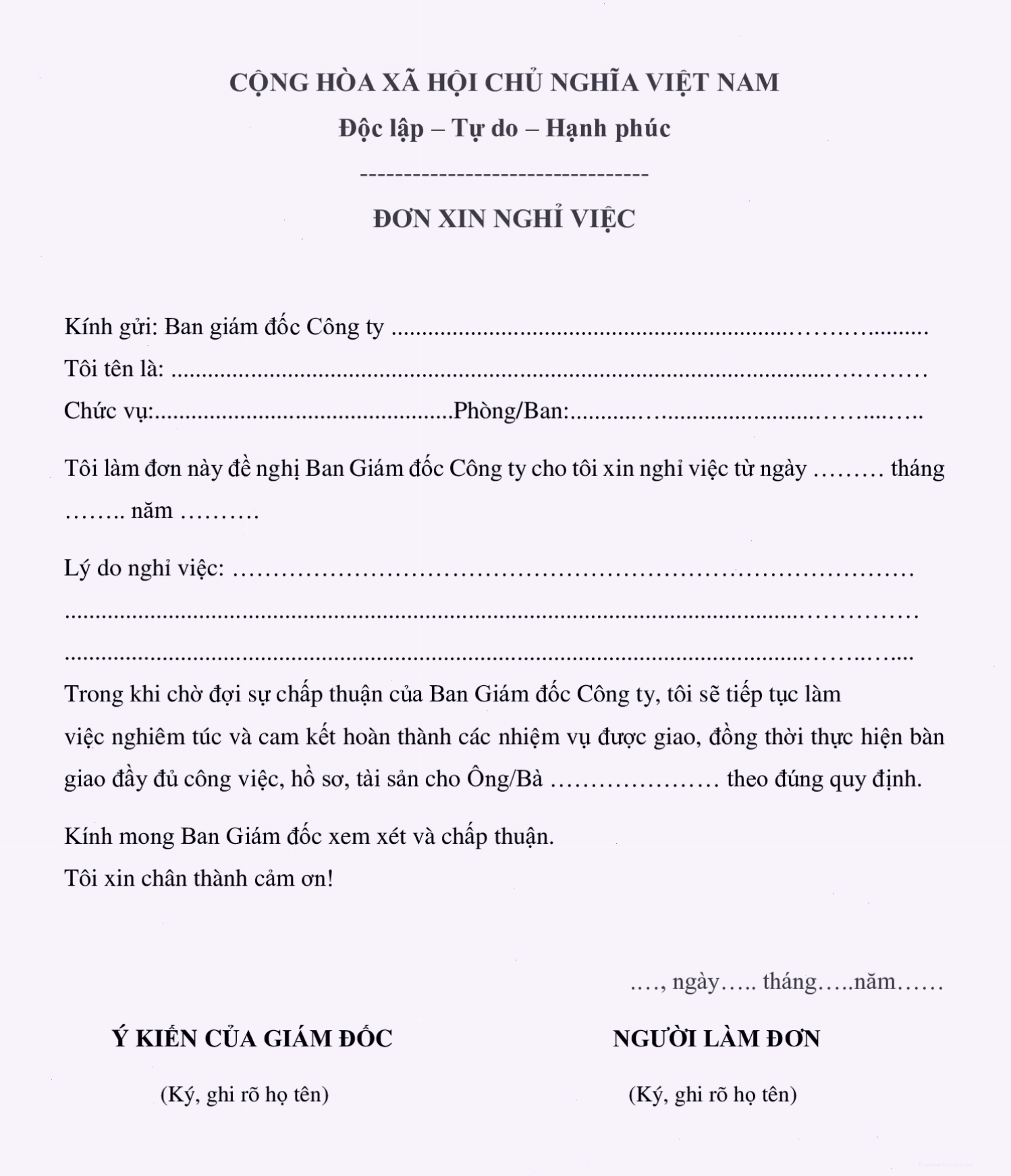 Mẫu đơn xin nghỉ việc dành riêng cho công nhân sản xuất
