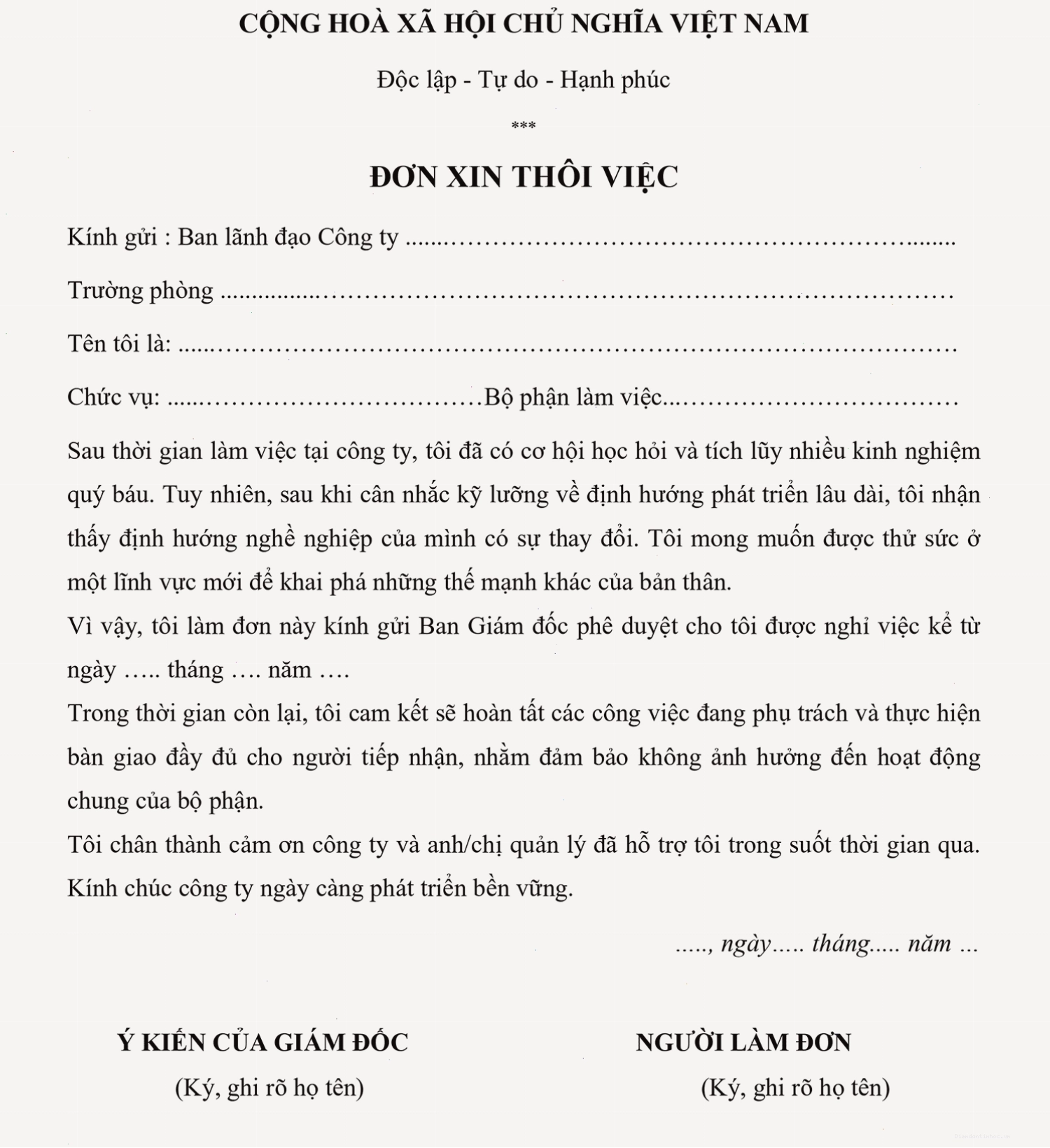 Mẫu đơn xin nghỉ việc thể hiện sự thay đổi định hướng cá nhân