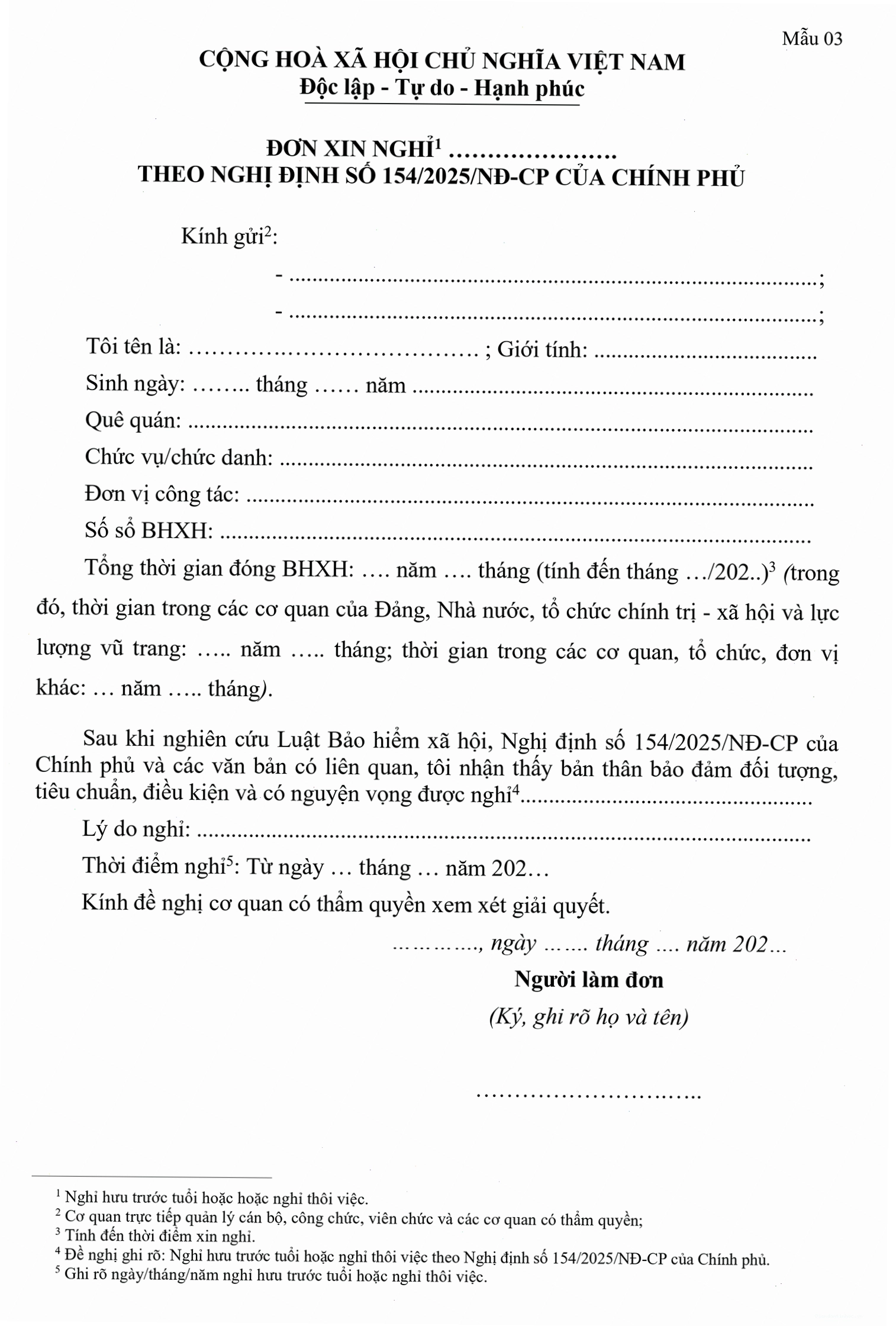 Mẫu đơn xin nghỉ việc tuân thủ quy định của Nghị định 154