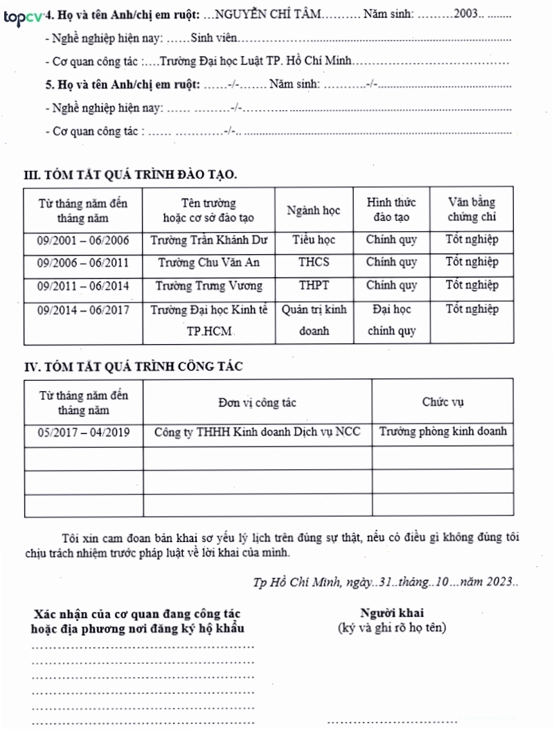 Mẫu sơ yếu lý lịch tự thuật bổ sung thông tin học tập