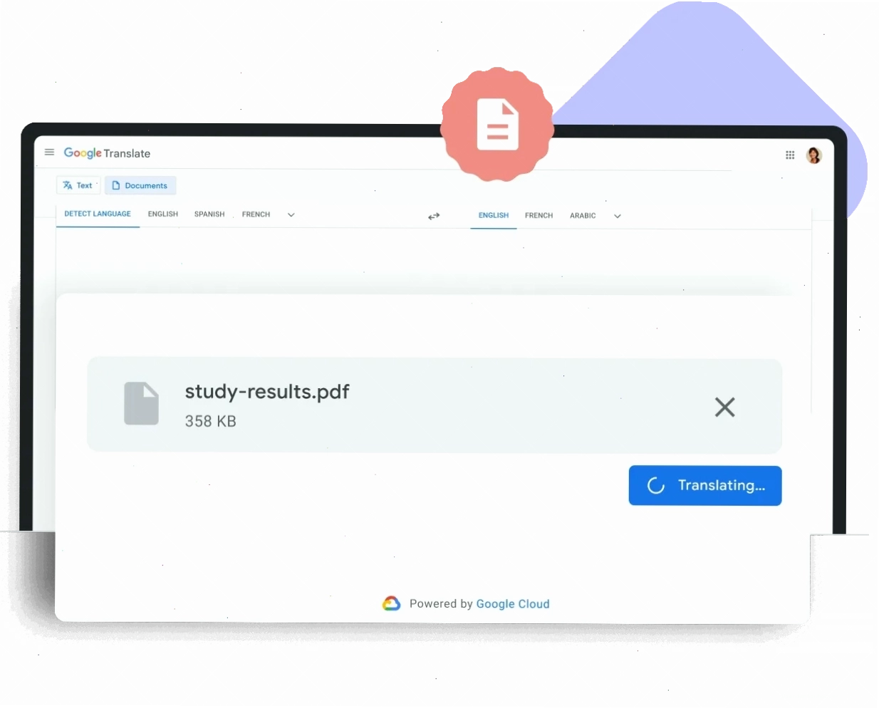 Máy tính hiển thị chức năng dịch tài liệu của Google Dịch