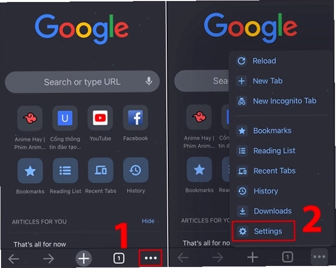 Menu Cài đặt trong Google Chrome trên iPhone