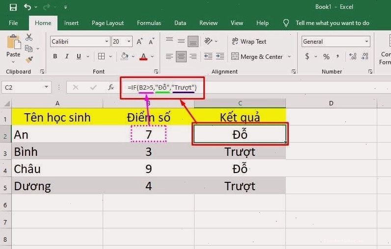Minh họa cú pháp hàm IF trong Excel với các đối số logic_test, value_if_true, value_if_false