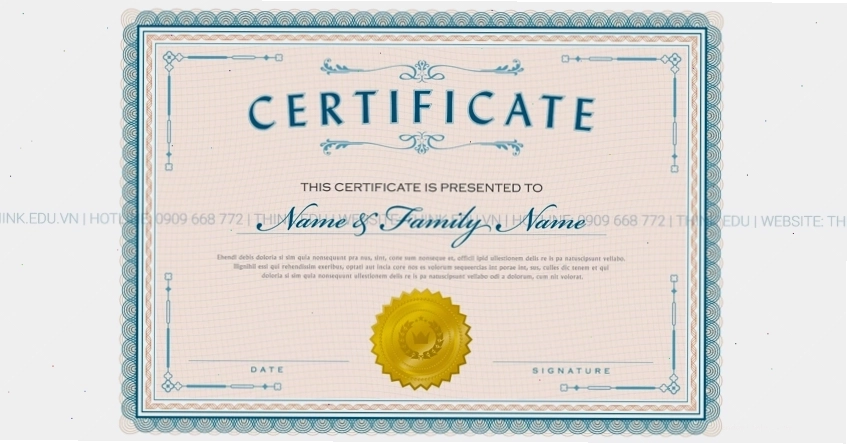 Minh họa giấy chứng nhận Certificate với các thông tin cá nhân và dấu mộc xác thực