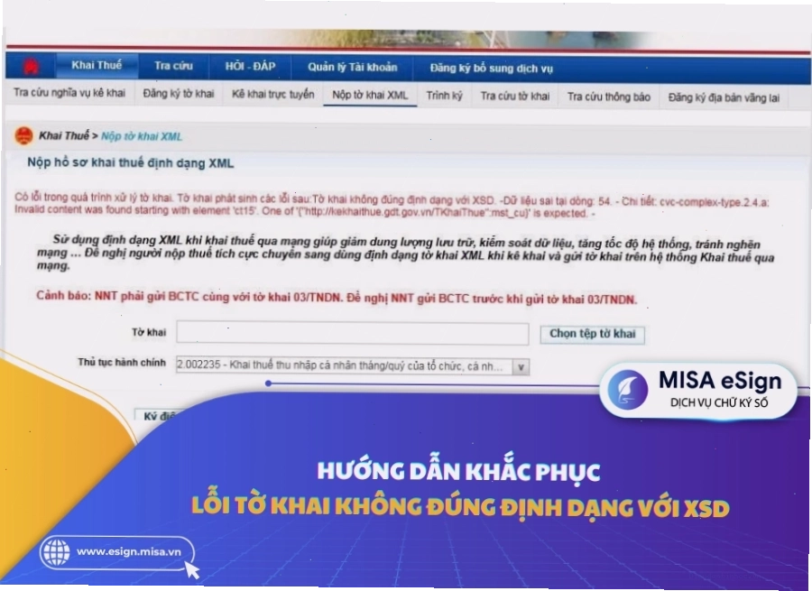 Minh họa lỗi tờ khai không đúng định dạng với XSD