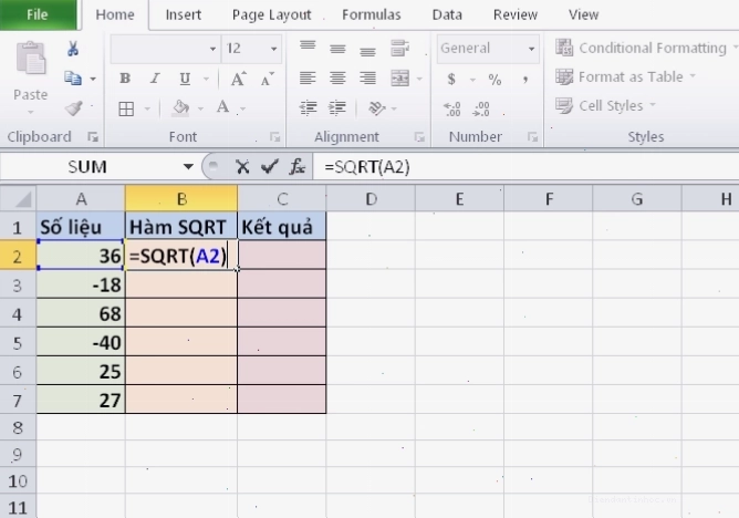 Minh họa nhập công thức SQRT cho các số dương trong Excel