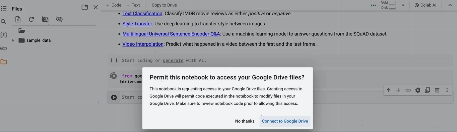 Minh họa quá trình kết nối Google Colab với Google Drive để truy cập dữ liệu