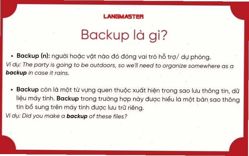 Minh họa sự khác biệt giữa Back up và Backup trong tiếng Anh