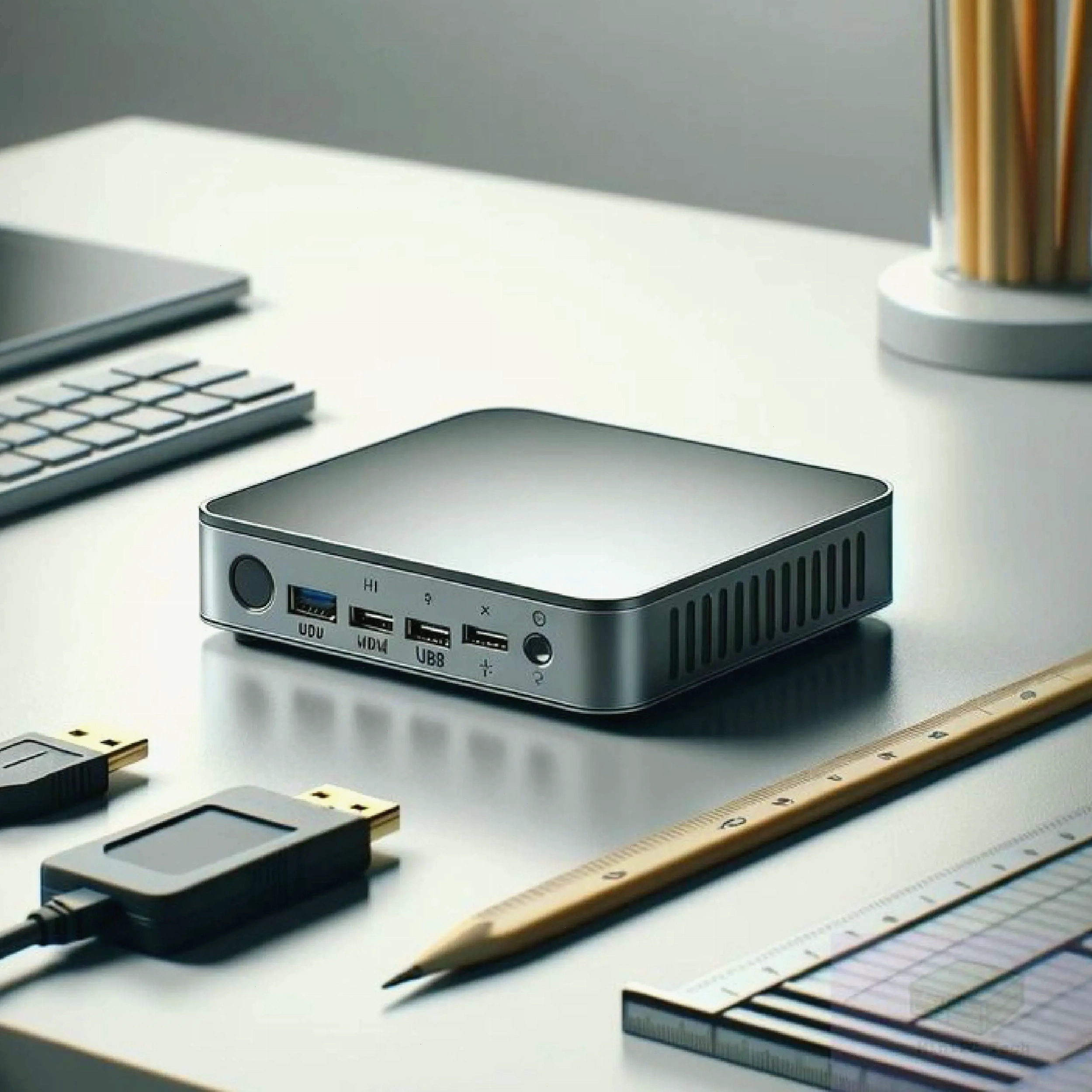 Mini PC nhỏ gọn đặt trên bàn làm việc tiết kiệm không gian