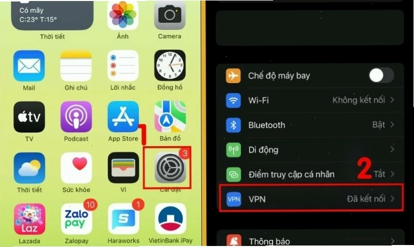 Mở Cài đặt iPhone, rồi nhấn chọn VPN để tắt kết nối
