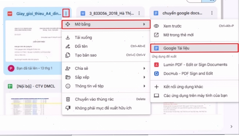 Mở file PDF bằng Google Tài liệu trong Google Drive để chuyển đổi