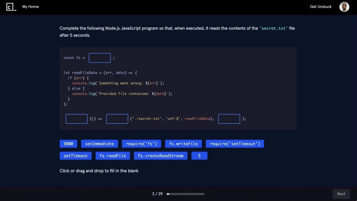 Một câu hỏi điền vào chỗ trống trong JavaScript trên nền tảng Codecademy